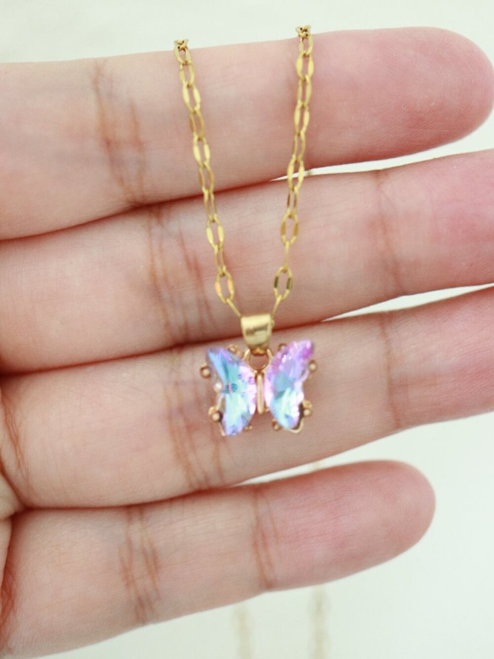 Butterfly Multicolor Rhinestone Style Pendant Necklace 18k Gold Plated Stainless